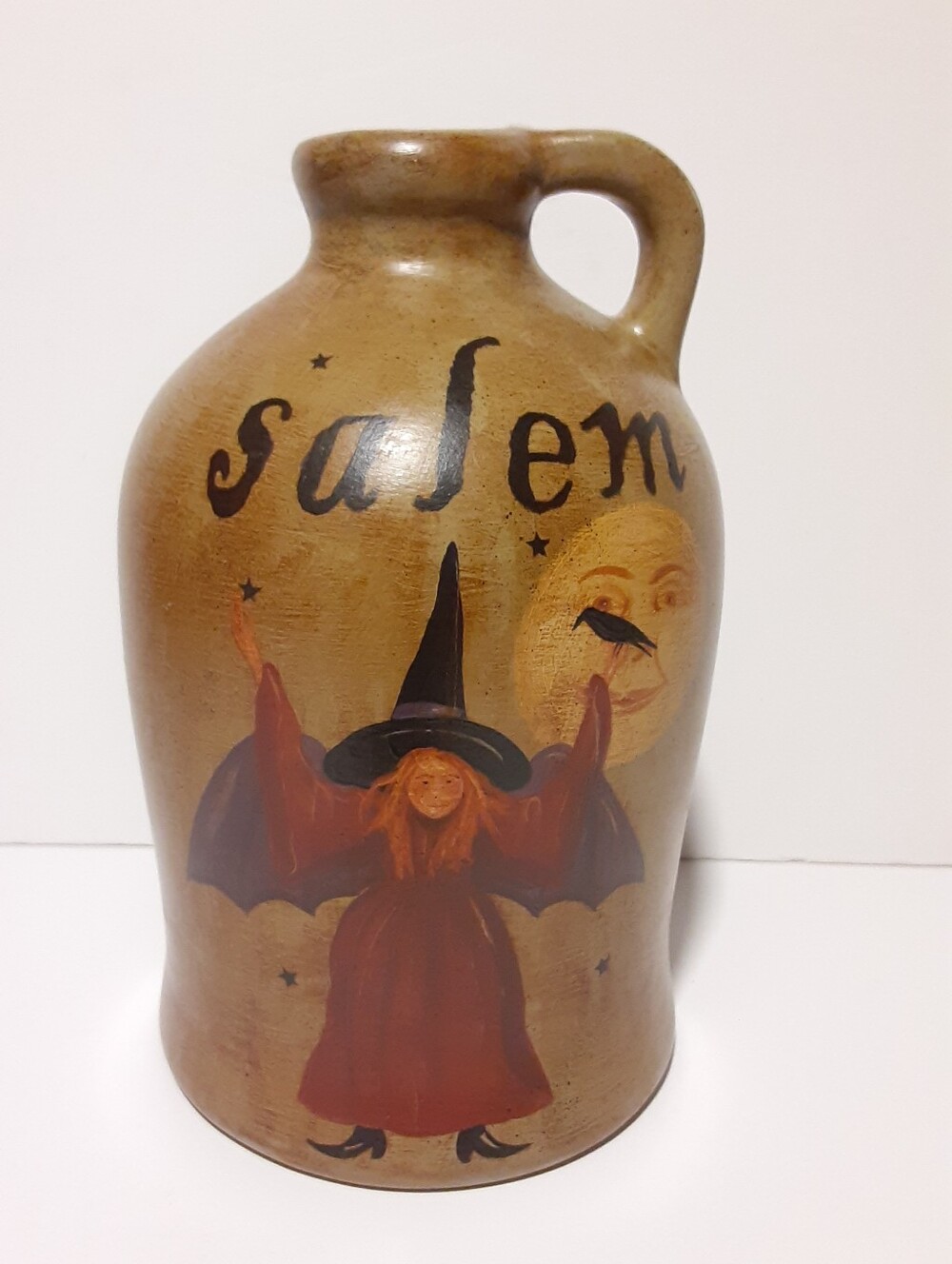 Folk Art Jug RANEY WHITE Artist SIGNED Halloween OOAK 2007 Salem Witch Celestial
